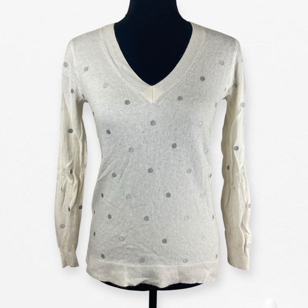J. Crew Ivory V-Neck Sweater with Charcoal Dots merino wool M Petite